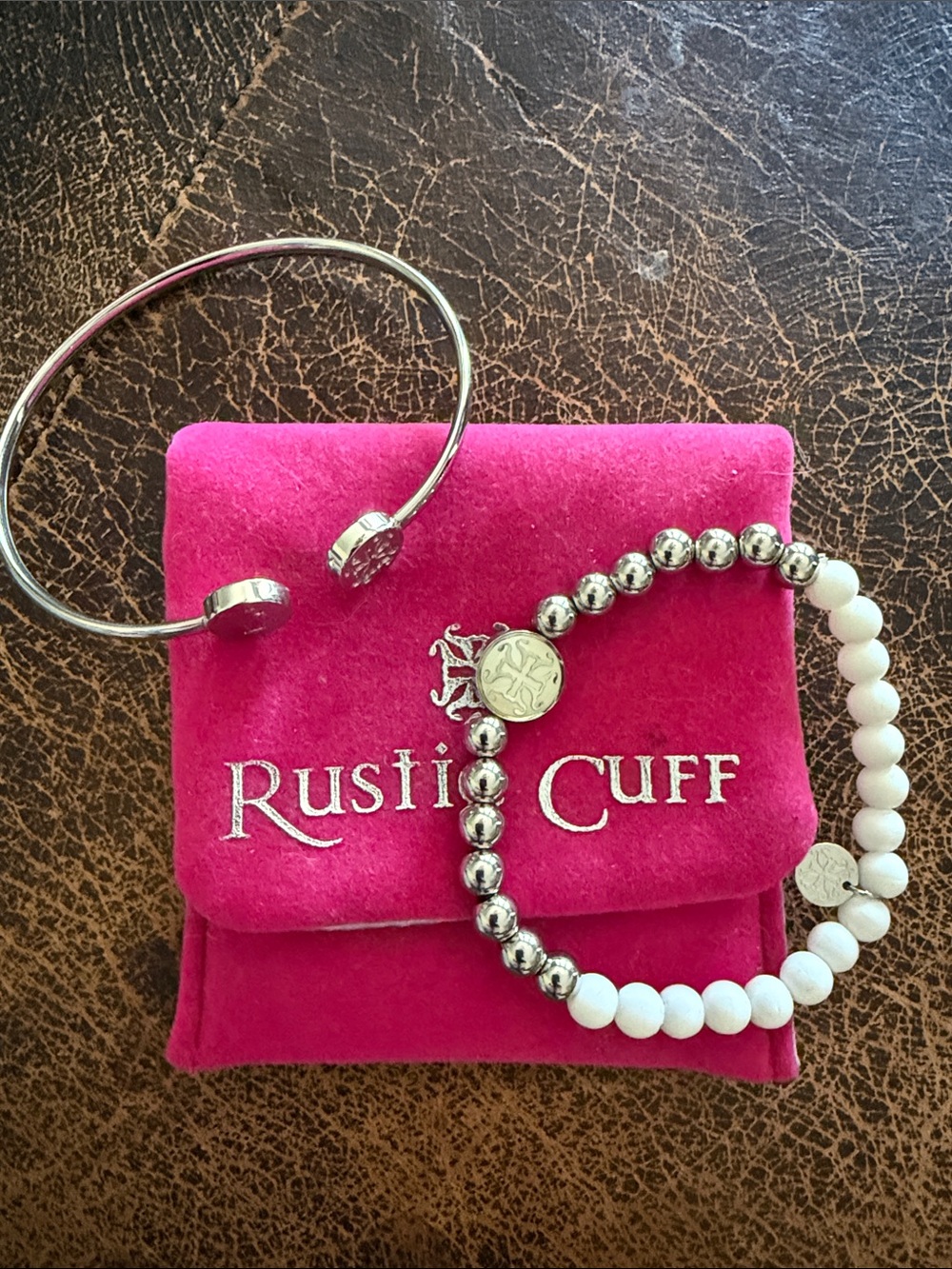 Rustic Cuff Silver and White Bracelet Duo